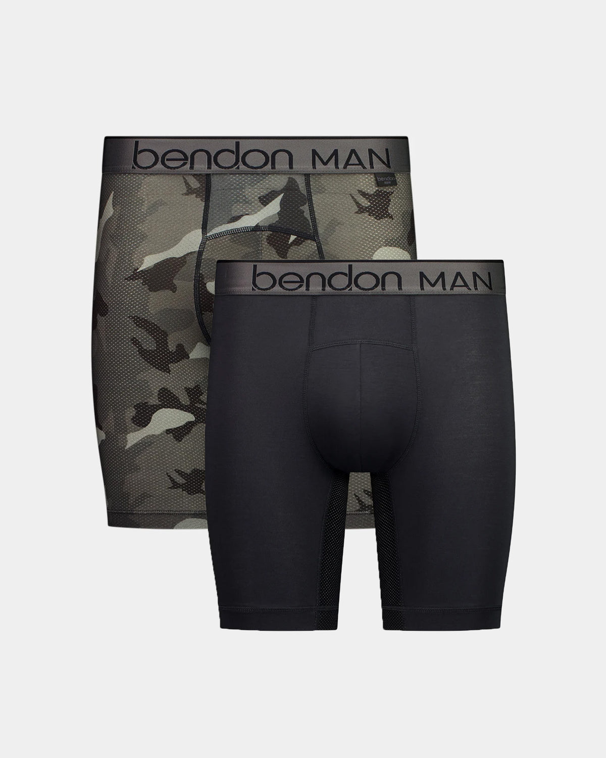 Everyday Active Mens Long Trunk Twin Pack in WINTER CAMO/BLACK. Flat lay front view