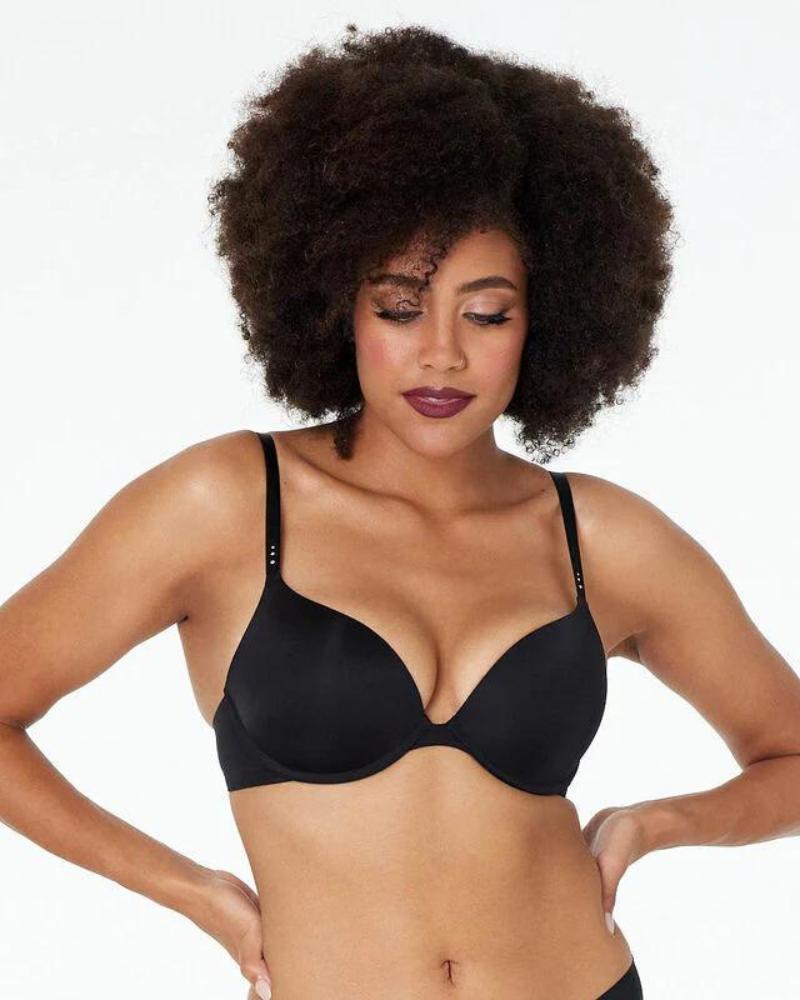 Model wears My Fit Smooth Push Up Bra in BLACK. On body front view