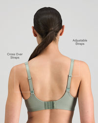 Model wears Power Underwire Bra in ICEBERG GREEN. On body back view