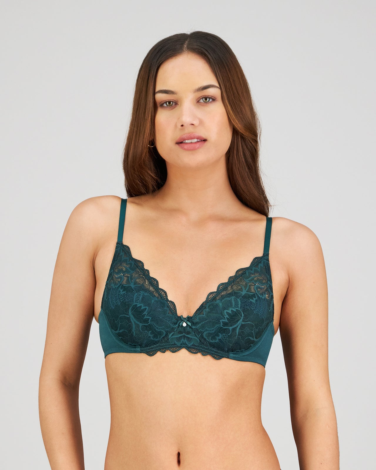 Model wears Embrace Contour Bra in RAIN FOREST. On body front view