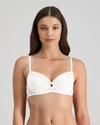 Model wears Renee Contour Bra in WHITE. On body front view