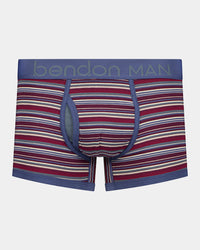 Bold Stripe Mens Trunk in INDIGO/FIG STRIPE. Flat lay front view