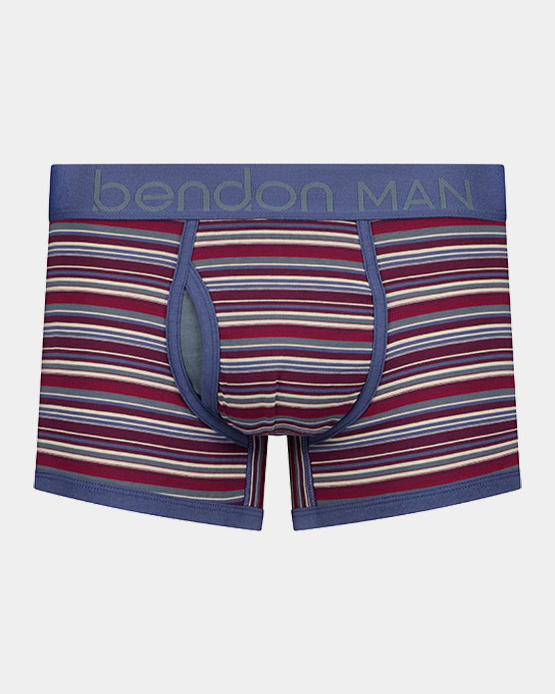 Bold Stripe Mens Trunk in INDIGO/FIG STRIPE. Flat lay front view