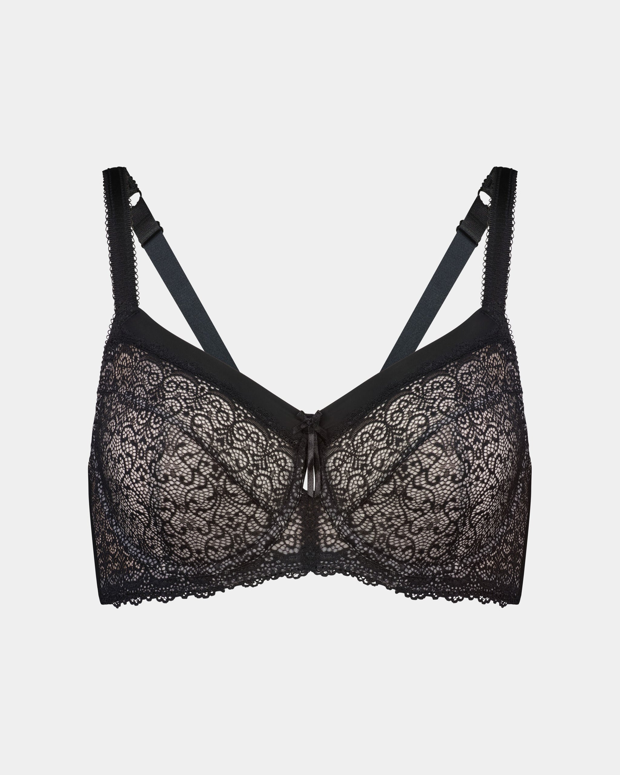 Delicate Lace Underwire Bra in BLACK/CREAM TAN. Flat lay front view
