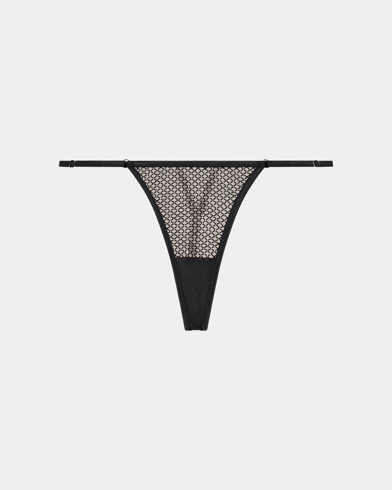 Sparkle Thong in BLACK/SILVER. Flat lay front view