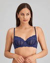 Model wears Sofia Underwire Bra in Medieval Blue. On body front view