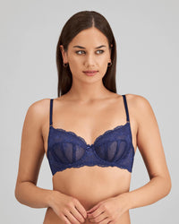 Model wears Sofia Underwire Bra in Medieval Blue. On body front view