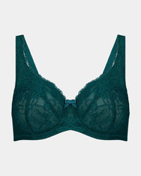 Lace Romance Underwire Bra in EVERGLADE. Flat lay front view