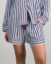 Model wears Cabana Stripe Short Pj in COOL BLUE. On body front view