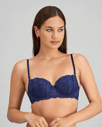 Model wears Sofia Contour Bra in Medieval Blue. On body front view