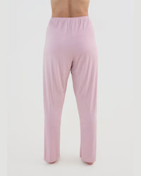 Model wears Bamboo Bliss Long PJ Pant in PALE MAUVE. On body back view