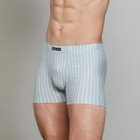Model wears Cotton Stretch Mens Trunk in BLUE FOG STRIPE. On body side view
