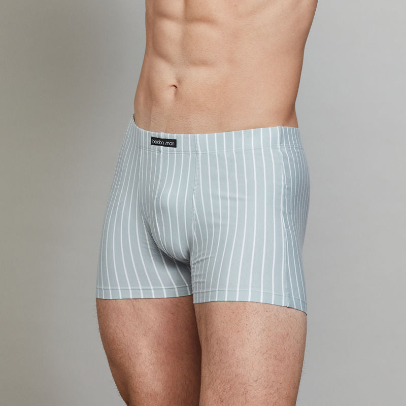 Model wears Cotton Stretch Mens Trunk in BLUE FOG STRIPE. On body side view