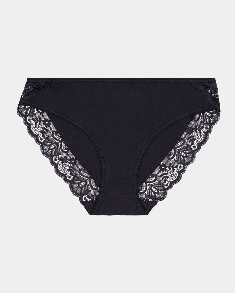 Cotton And Lace Bikini in BLACK. Flat lay front view