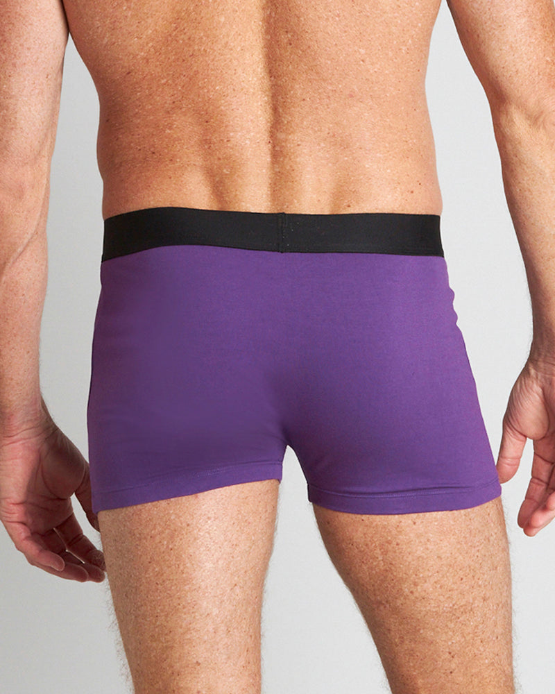 Model wears Everyday Essential Mens Trunk in PURPLE MAGIC. On body back view