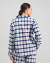 Model wears Cosy Flannel Long Sleeve Pj Top in NAVY BLAZER. On body back view