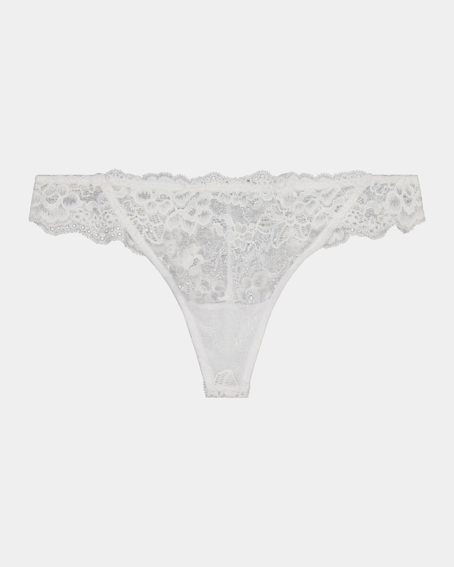 My Fit Lace Thong in WHITE. Flat lay front view