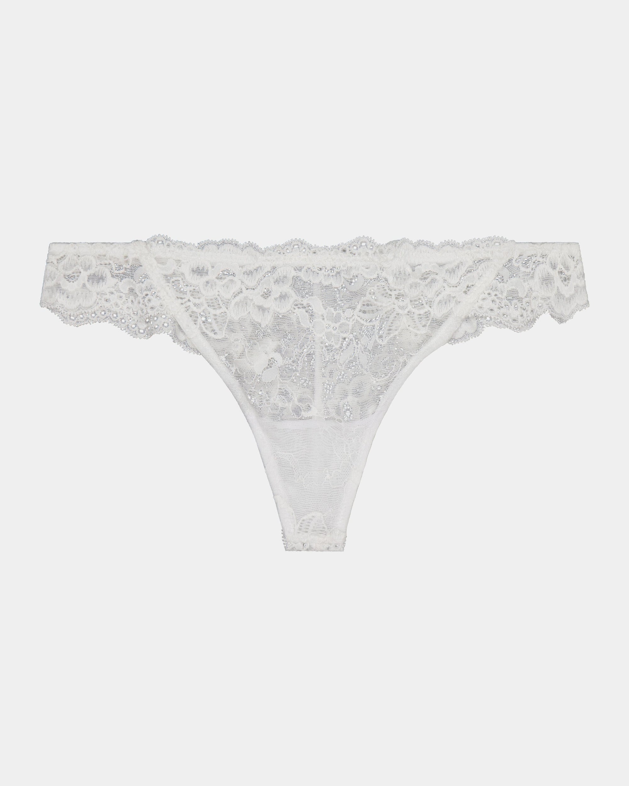 My Fit Lace Thong in WHITE. Flat lay front view