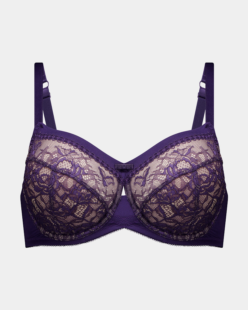 Ethereal Lace Underwire Bra in PURPLE VELVET. Flat lay front view
