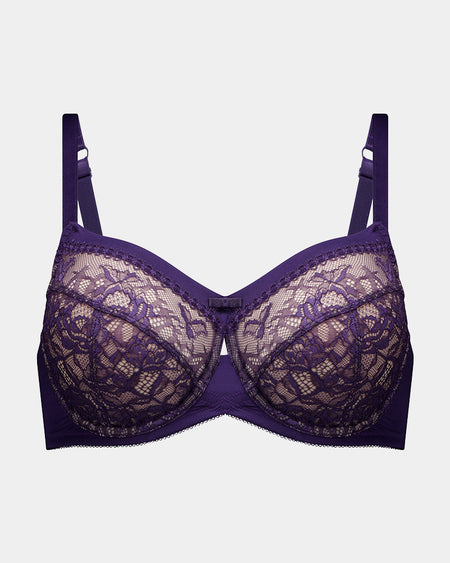 Ethereal Lace Underwire Bra in PURPLE VELVET. Flat lay front view