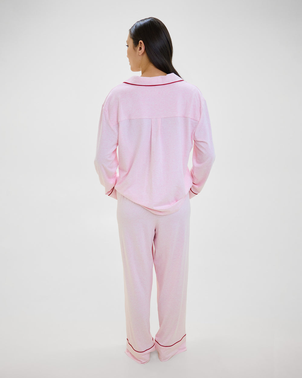 Model wears Dolce Long Pj in PINK MARLE. On body back view