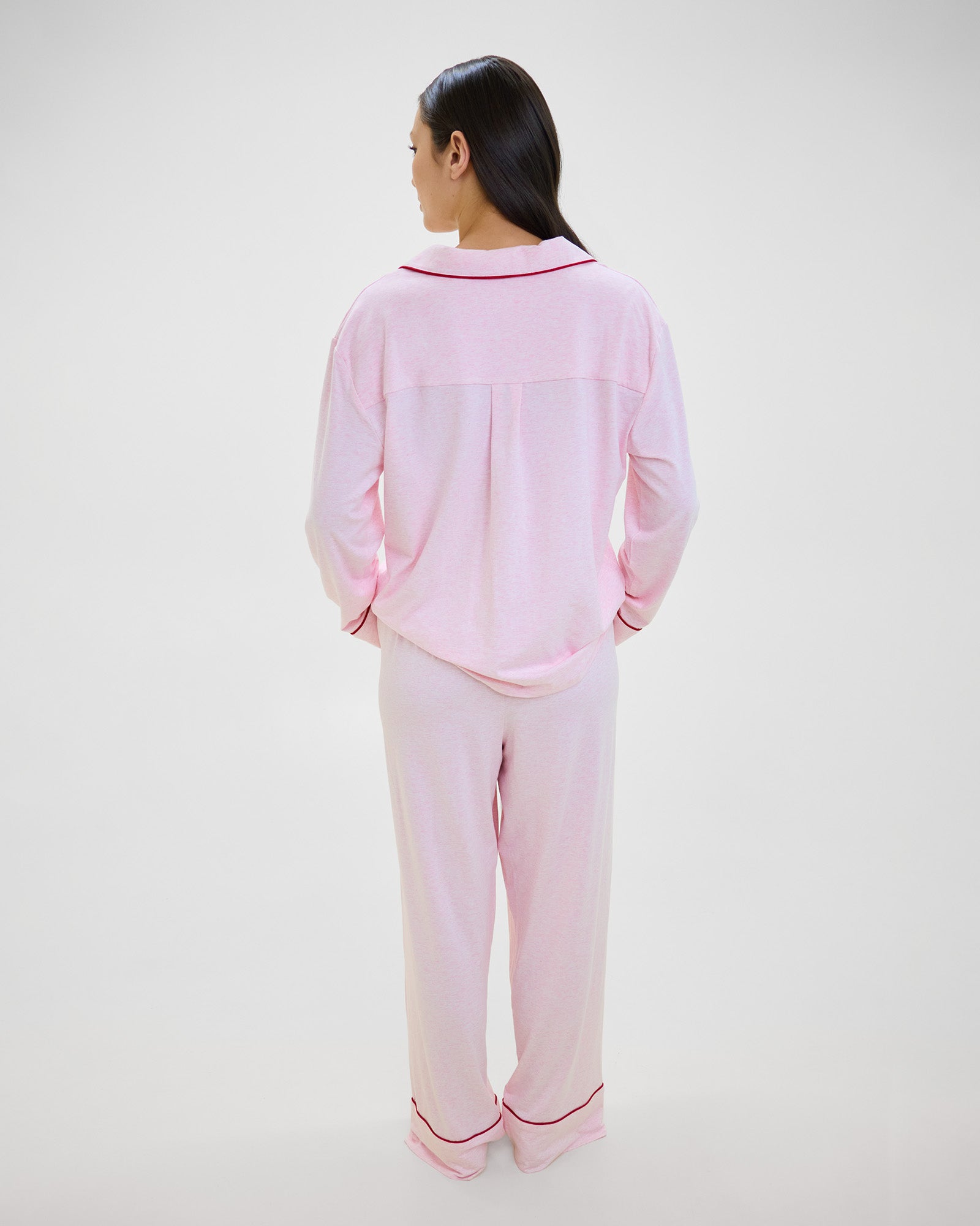 Model wears Dolce Long Pj in PINK MARLE. On body back view