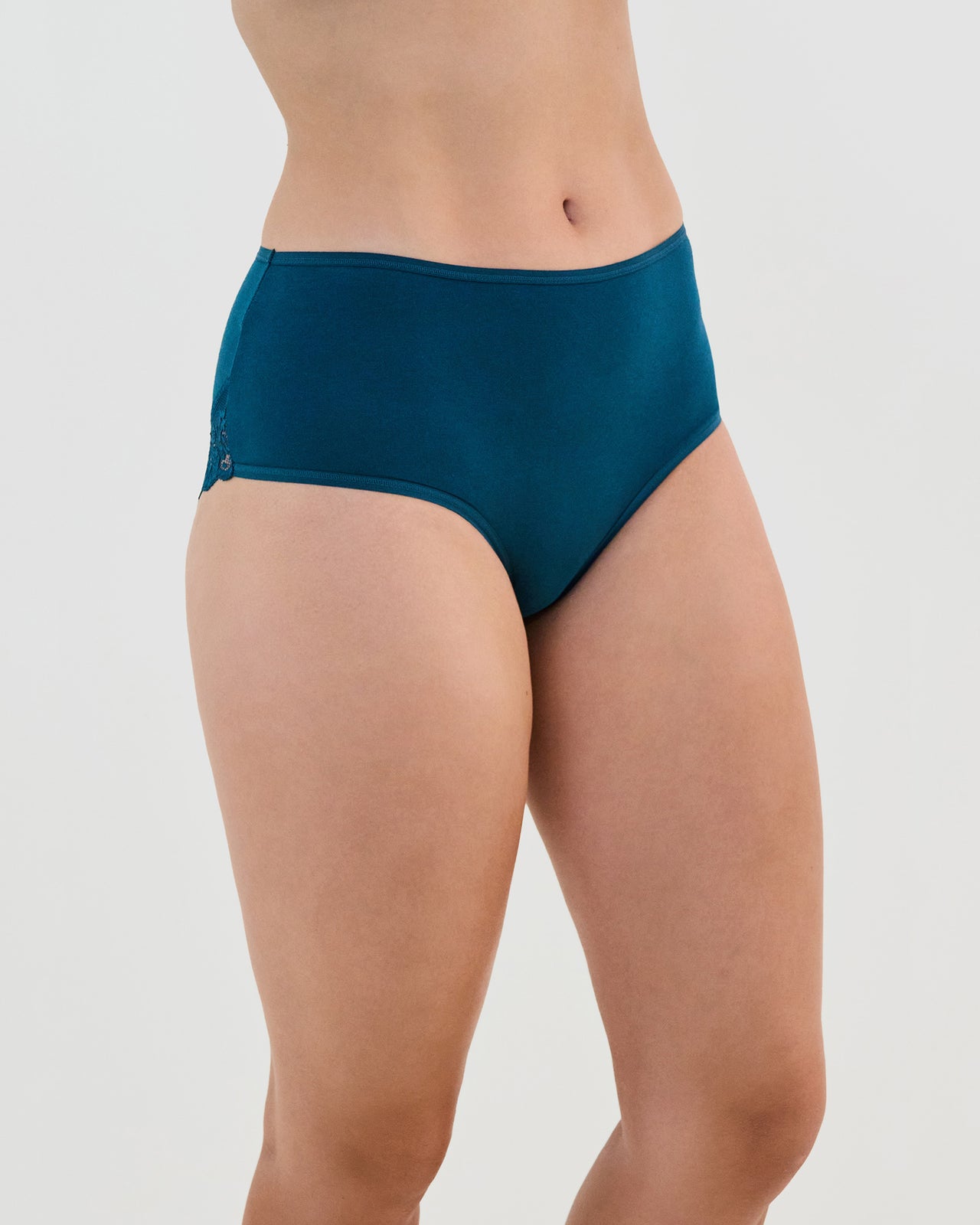 Model wears Cotton And Lace Full Brief in REFLECTING POND. On body side view