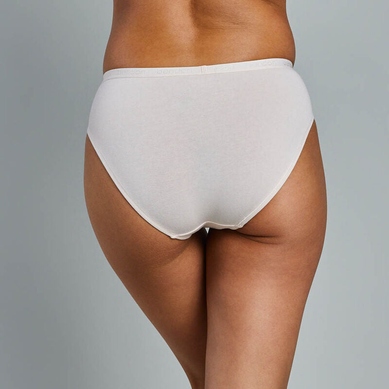 Model wears Body Cotton Bikini Twin Pack in RHUBARB/LINEN. On body back view