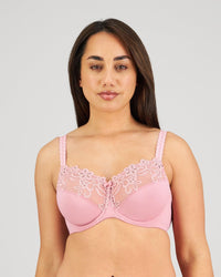 Model wears Coral Underwire Bra in LILAS. On body front view