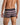 Model wears Bold Stripe Mens Trunk in BLACK/PLUM STRIPE. On body back view