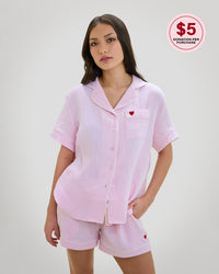 Model wears Bonbon Short Pj in PALE LILAC. On body front view
