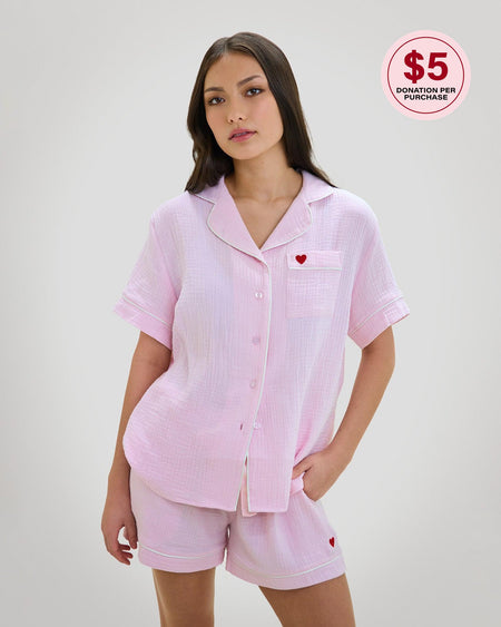 Model wears Bonbon Short Pj in PALE LILAC. On body front view