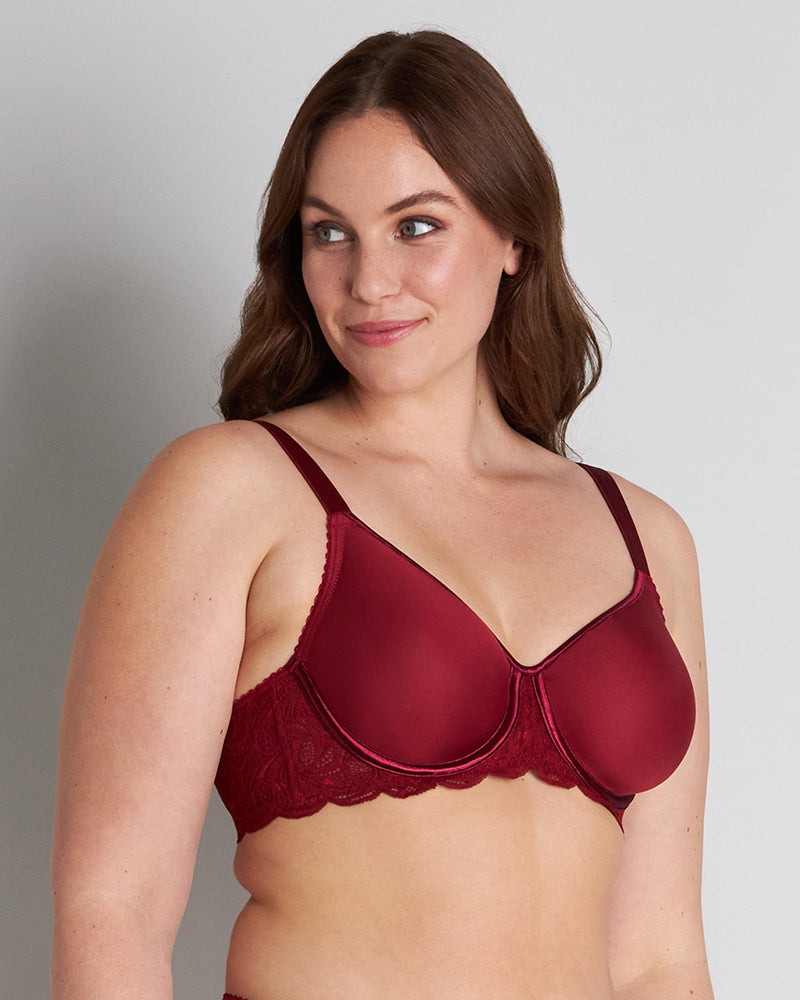 Model wears Lace Perfect Contour Bra in BIKING RED. On body side view