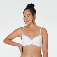 Model wears Body Lace Contour Bra in WHITE. On body front view