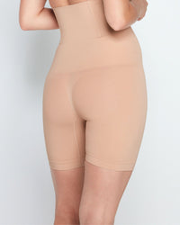 Model wears Bamboo Bodywear High Waisted Shaper Short in CARAMEL. On body back view