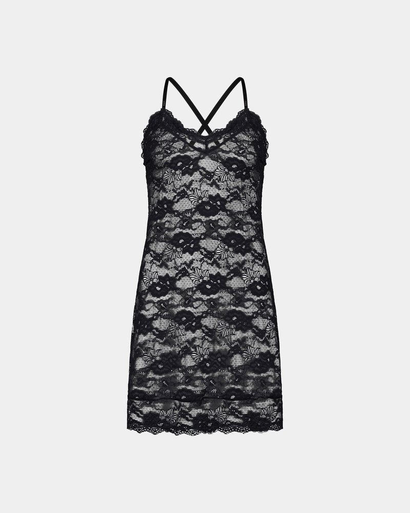 My Fit Lace Chemise in BLACK. Flat lay back view