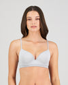 Model wears Simply Seamless Contour Bra in GREY MARL/WHITE STRIPE. On body front view