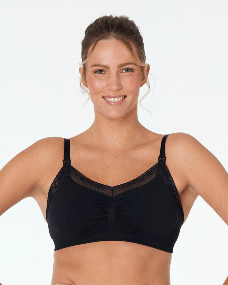 Model wears Bendon Nurture Maternity Bra in BLACK. On body front view
