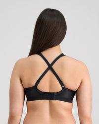 Model wears Stamina Wire Free Bra in BLACK. On body back view