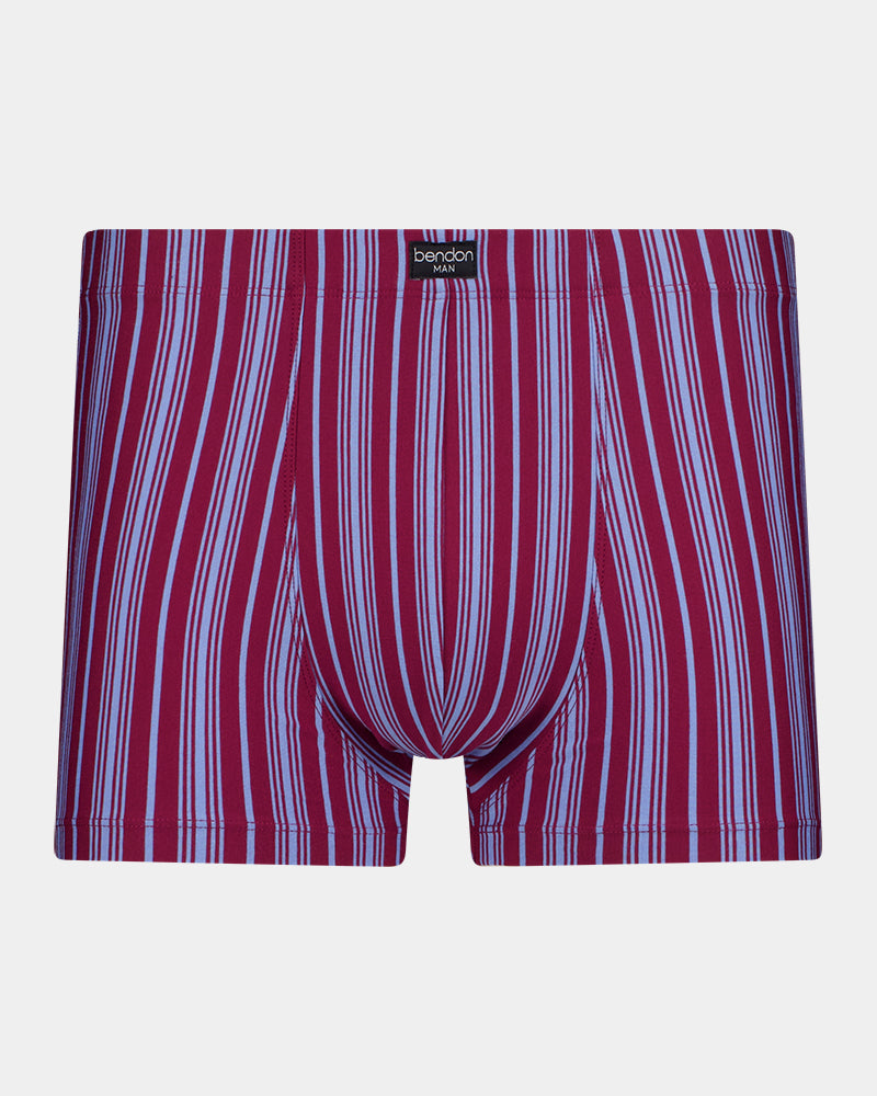 Cotton Stretch Mens Trunk in TIBETAN RED STRIPE. Flat lay front view