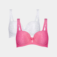 Damask Twin Pack Contour Bra Twin Pack in IBIS ROSE/WHITE. Flat lay front view