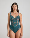 Model wears Margot Estelle Bodysuit in MEDITERRANEA. On body front view