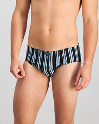 Model wears Cotton Stretch Mens Brief in AQUIFER/BLACK STRIPE. On body front view