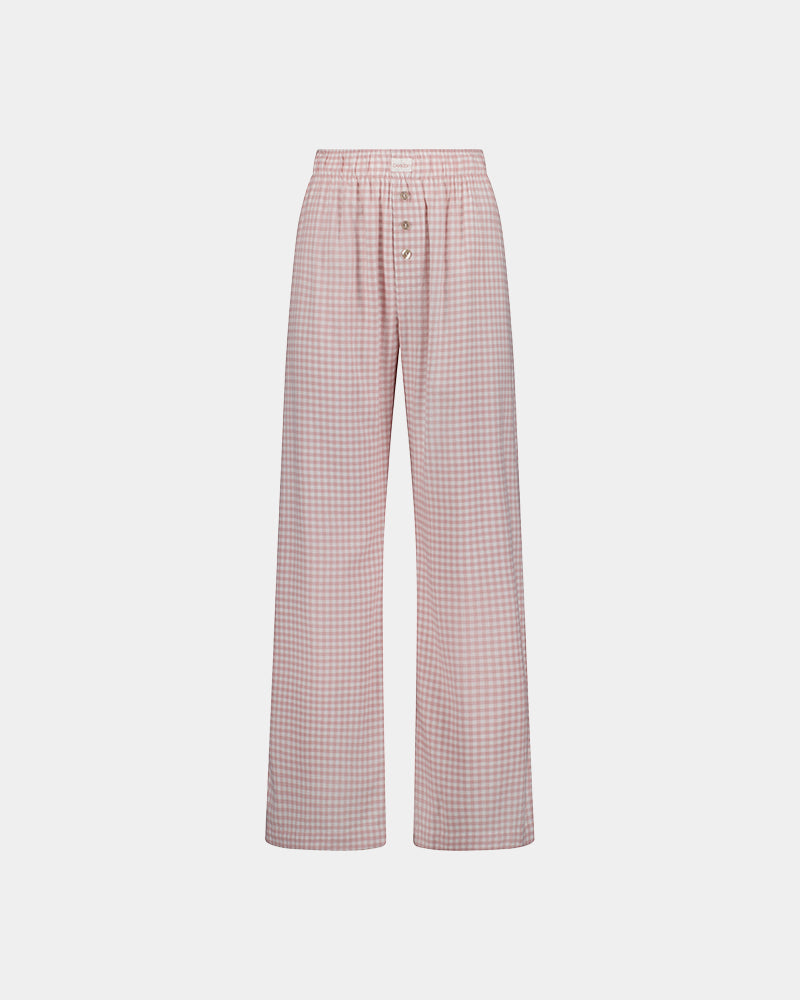 Cosy Flannel Long PJ Pant in ROSE MINI GINGHAM. Flat lay front view