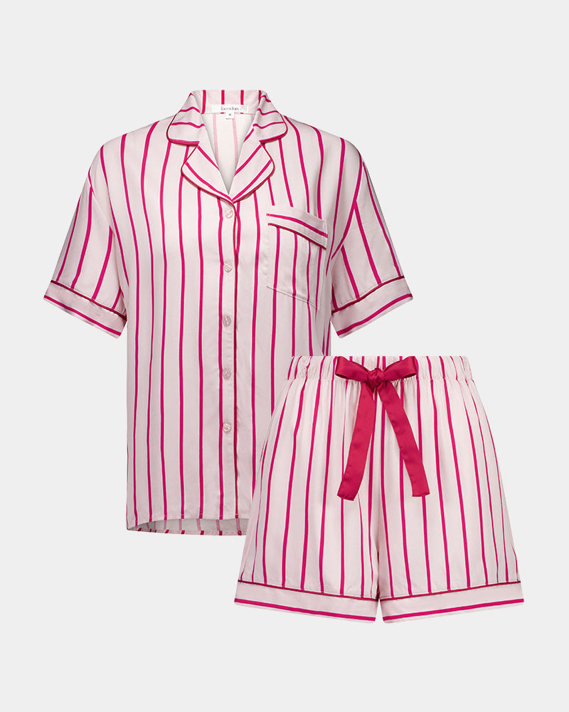 Cabana Stripe Short Pj Set in CANDY CANE. Flat lay front view