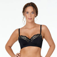 Model wears Castaspell Contour Long Line Bra in BLACK. On body front view