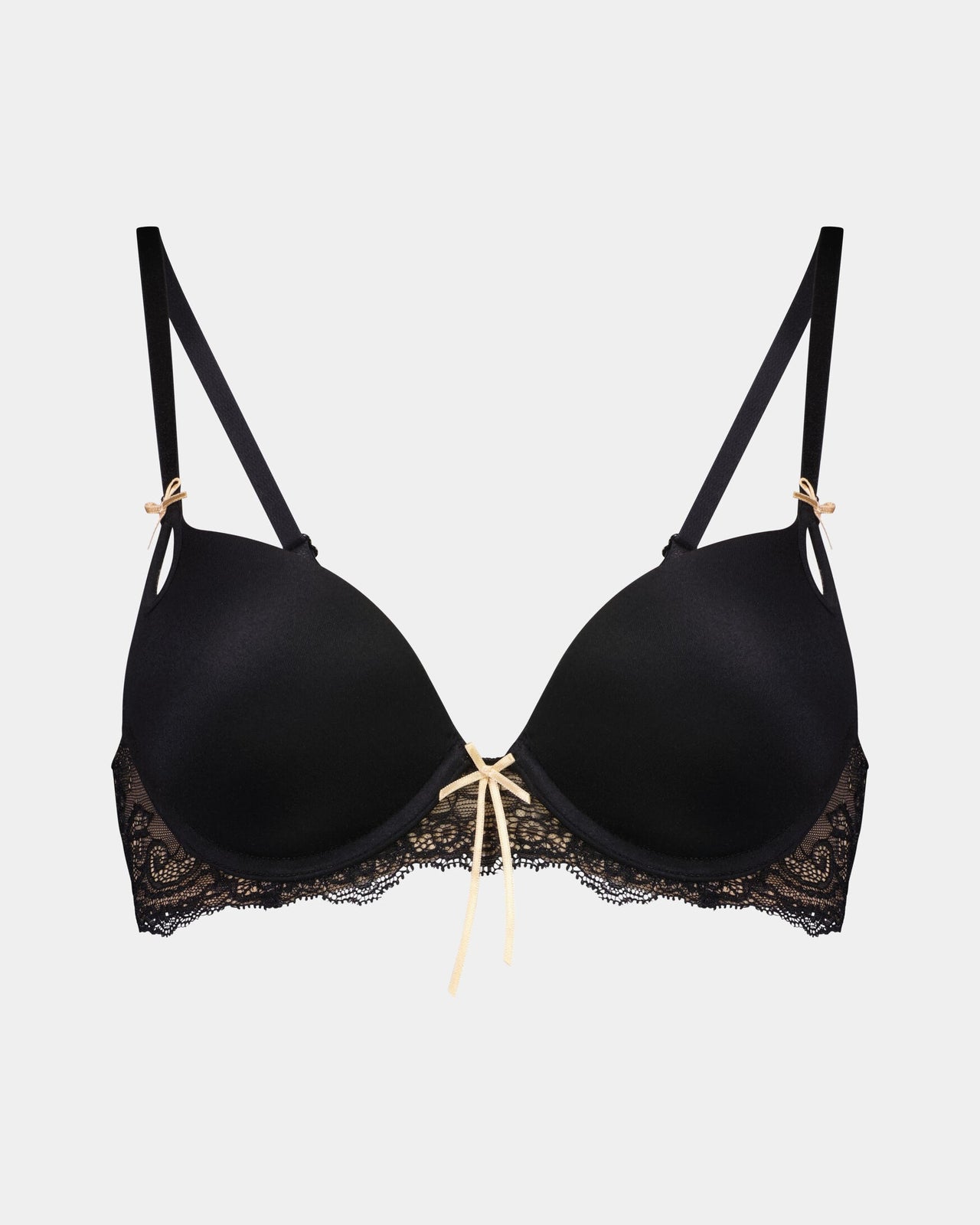 Keyhole Push Up Bra in BLACK/TOASTED ALMOND. Flat lay front view