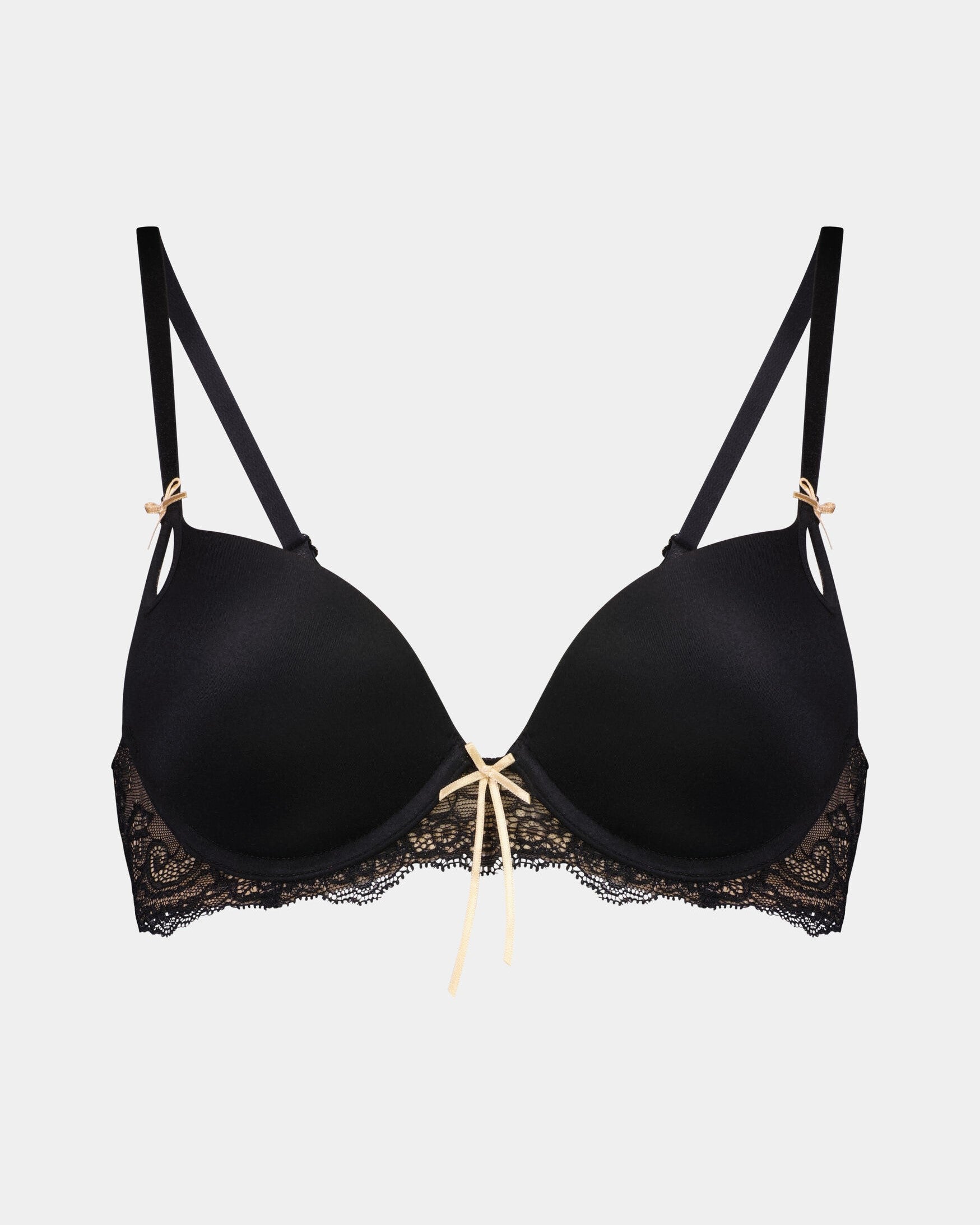 Keyhole Push Up Bra in BLACK/TOASTED ALMOND. Flat lay front view