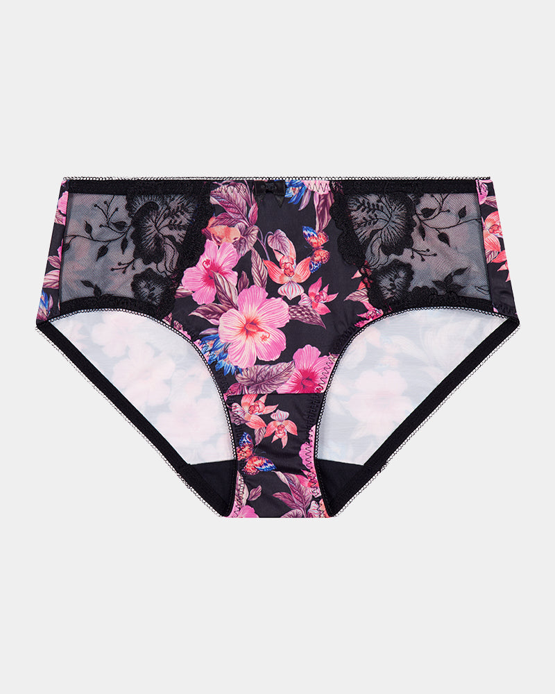 Wild Violet Full Brief in TANGLED GARDEN PRINT. Flat lay front view