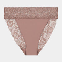 Lace Trim High Cut Brief in MOCHA. Flat lay front view